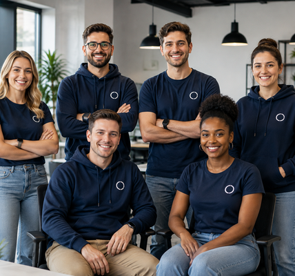 U.S.-based professional team wearing coordinated navy branded polo shirts and hoodies with a simple generic logo, posing together in a bright modern office