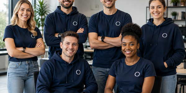 U.S.-based professional team wearing coordinated navy branded polo shirts and hoodies with a simple generic logo, posing together in a bright modern office