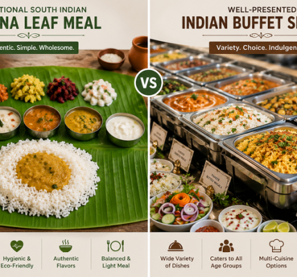 comparison of a traditional South Indian banana leaf meal with rice, curries, vegetables, and accompaniments on one side and a colorful Indian buffet spread with multiple dishes, rice, breads, and salads on the other