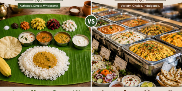 comparison of a traditional South Indian banana leaf meal with rice, curries, vegetables, and accompaniments on one side and a colorful Indian buffet spread with multiple dishes, rice, breads, and salads on the other