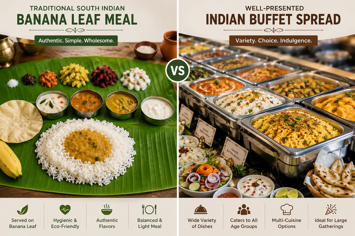 comparison of a traditional South Indian banana leaf meal with rice, curries, vegetables, and accompaniments on one side and a colorful Indian buffet spread with multiple dishes, rice, breads, and salads on the other