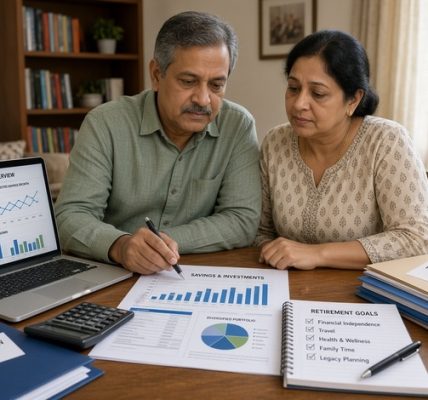 Middle-aged Indian couple reviewing retirement planning documents together at home, with the financial papers clearly facing them, alongside a laptop, calculator, savings charts, and retirement goals
