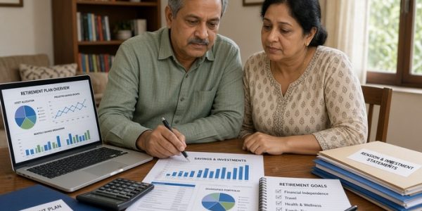 Middle-aged Indian couple reviewing retirement planning documents together at home, with the financial papers clearly facing them, alongside a laptop, calculator, savings charts, and retirement goals