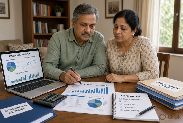 Middle-aged Indian couple reviewing retirement planning documents together at home, with the financial papers clearly facing them, alongside a laptop, calculator, savings charts, and retirement goals