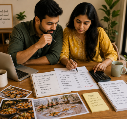 Indian couple planning an event catering budget together at home, reviewing food photos, budget documents, a laptop, calculator, and event planning checklist at a table