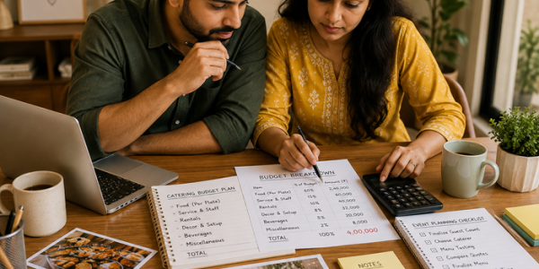 Indian couple planning an event catering budget together at home, reviewing food photos, budget documents, a laptop, calculator, and event planning checklist at a table