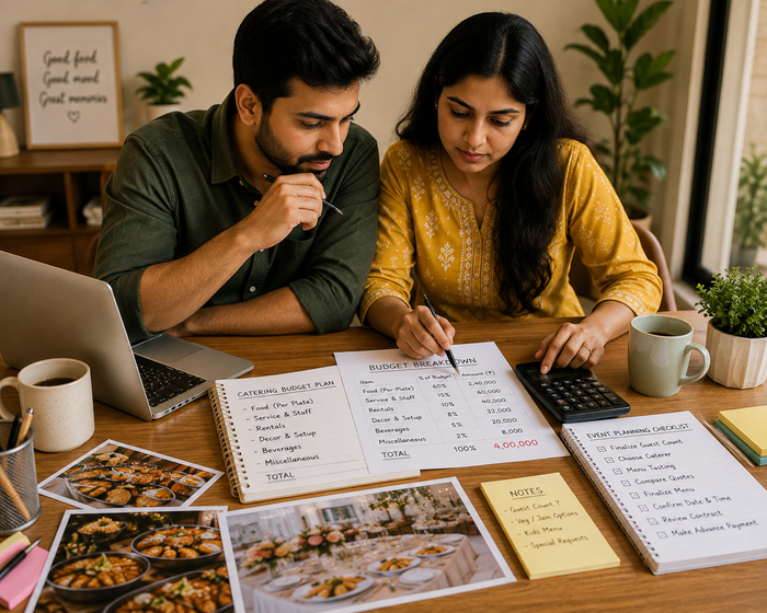 Indian couple planning an event catering budget together at home, reviewing food photos, budget documents, a laptop, calculator, and event planning checklist at a table
