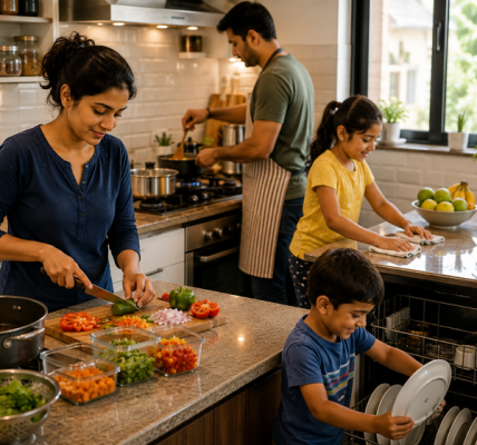 Indian family working together in a busy home kitchen, with one person cooking, another cleaning, and meal-prep containers and organized storage helping keep the space tidy
