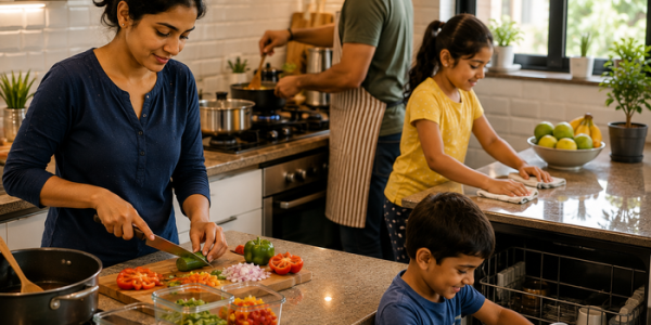Indian family working together in a busy home kitchen, with one person cooking, another cleaning, and meal-prep containers and organized storage helping keep the space tidy