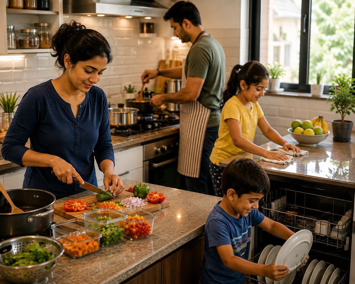 Indian family working together in a busy home kitchen, with one person cooking, another cleaning, and meal-prep containers and organized storage helping keep the space tidy