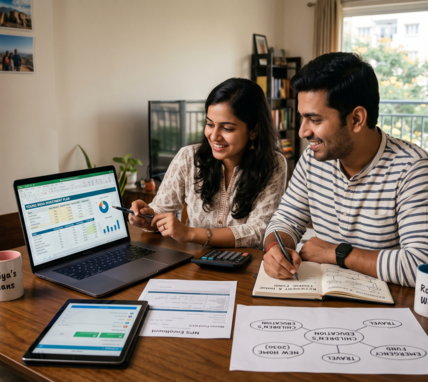 A young Indian couple sitting at a wooden dining table reviewing their financial investment and savings plans with a laptop, tablet, calculator, and paperwork