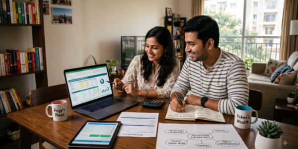 A young Indian couple sitting at a wooden dining table reviewing their financial investment and savings plans with a laptop, tablet, calculator, and paperwork
