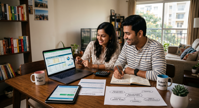 A young Indian couple sitting at a wooden dining table reviewing their financial investment and savings plans with a laptop, tablet, calculator, and paperwork