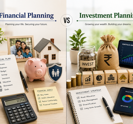 Side-by-side comparison of financial planning and investment planning, featuring family goals, budgeting, savings and insurance on one side, and investments, asset allocation, portfolio growth, diversification and mutual funds on the other