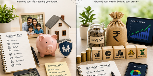 Side-by-side comparison of financial planning and investment planning, featuring family goals, budgeting, savings and insurance on one side, and investments, asset allocation, portfolio growth, diversification and mutual funds on the other