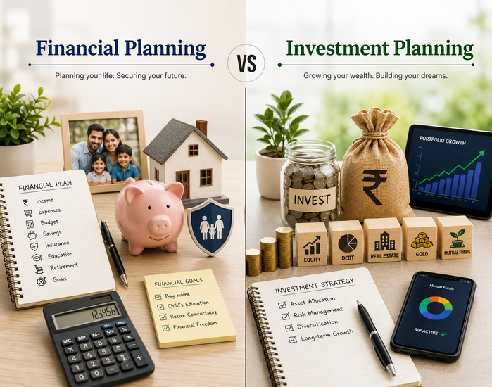 Side-by-side comparison of financial planning and investment planning, featuring family goals, budgeting, savings and insurance on one side, and investments, asset allocation, portfolio growth, diversification and mutual funds on the other