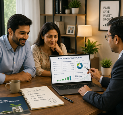 Indian couple meeting with a financial advisor in a modern office, reviewing an updated financial plan on a laptop with financial goals, asset allocation, savings, and investment charts visible