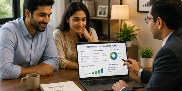 Indian couple meeting with a financial advisor in a modern office, reviewing an updated financial plan on a laptop with financial goals, asset allocation, savings, and investment charts visible
