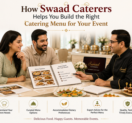 Swaad Caterers consultant helping a couple create a customized event catering menu, reviewing dish options, guest preferences, dietary requirements, budget, and presentation while sample dishes are displayed on the table