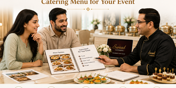 Swaad Caterers consultant helping a couple create a customized event catering menu, reviewing dish options, guest preferences, dietary requirements, budget, and presentation while sample dishes are displayed on the table