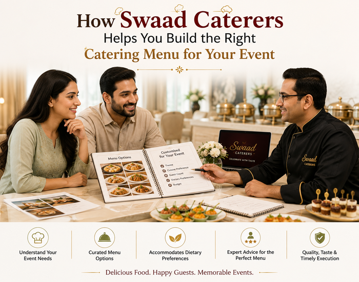 Swaad Caterers consultant helping a couple create a customized event catering menu, reviewing dish options, guest preferences, dietary requirements, budget, and presentation while sample dishes are displayed on the table