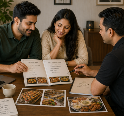 Indian couple meeting with a catering service provider to plan their wedding menu, reviewing vegetarian and non-vegetarian dishes, food photos, and catering options together