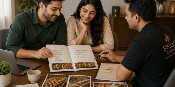 Indian couple meeting with a catering service provider to plan their wedding menu, reviewing vegetarian and non-vegetarian dishes, food photos, and catering options together