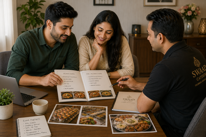 Indian couple meeting with a catering service provider to plan their wedding menu, reviewing vegetarian and non-vegetarian dishes, food photos, and catering options together