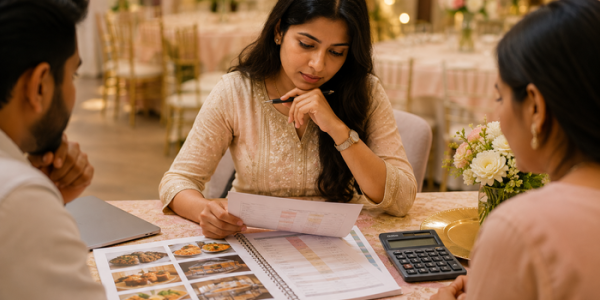 Indian woman planning a wedding catering budget with family members at a decorated event venue