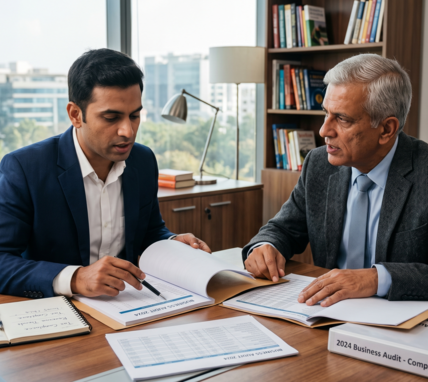 A young businessman and a senior mentor sitting in a modern office, reviewing business audit reports and financial spreadsheets together