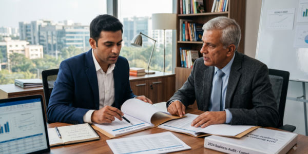 A young businessman and a senior mentor sitting in a modern office, reviewing business audit reports and financial spreadsheets together