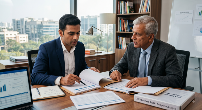 A young businessman and a senior mentor sitting in a modern office, reviewing business audit reports and financial spreadsheets together