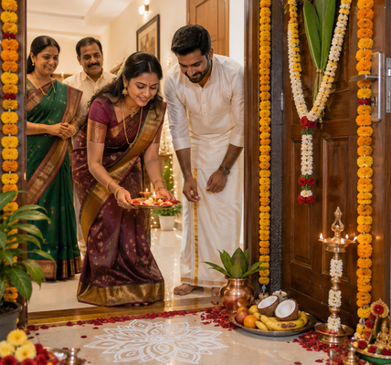 Indian family celebrating a traditional housewarming ceremony at a decorated home entrance, with a couple performing aarti amid marigold garlands, rangoli, diyas, flowers, fruits, and a ceremonial kalash