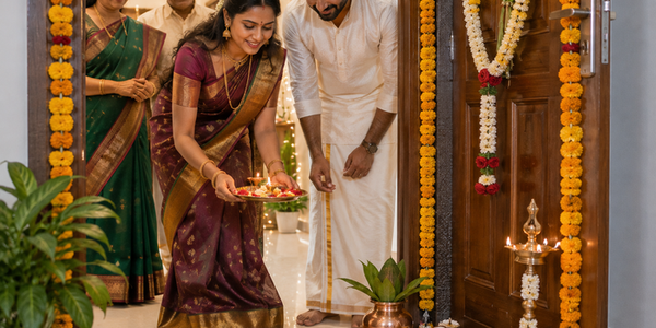 Indian family celebrating a traditional housewarming ceremony at a decorated home entrance, with a couple performing aarti amid marigold garlands, rangoli, diyas, flowers, fruits, and a ceremonial kalash