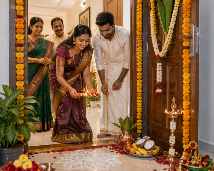 Indian family celebrating a traditional housewarming ceremony at a decorated home entrance, with a couple performing aarti amid marigold garlands, rangoli, diyas, flowers, fruits, and a ceremonial kalash
