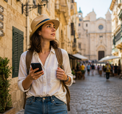 Solo traveler exploring an unfamiliar European city, checking his smartphone while staying aware of his surroundings, with a backpack, camera, directional signs, historic buildings, and other tourists in the background