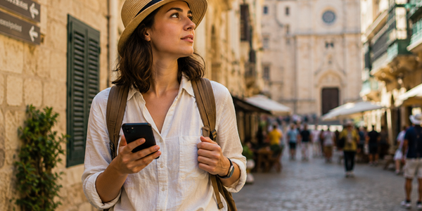 Solo traveler exploring an unfamiliar European city, checking his smartphone while staying aware of his surroundings, with a backpack, camera, directional signs, historic buildings, and other tourists in the background