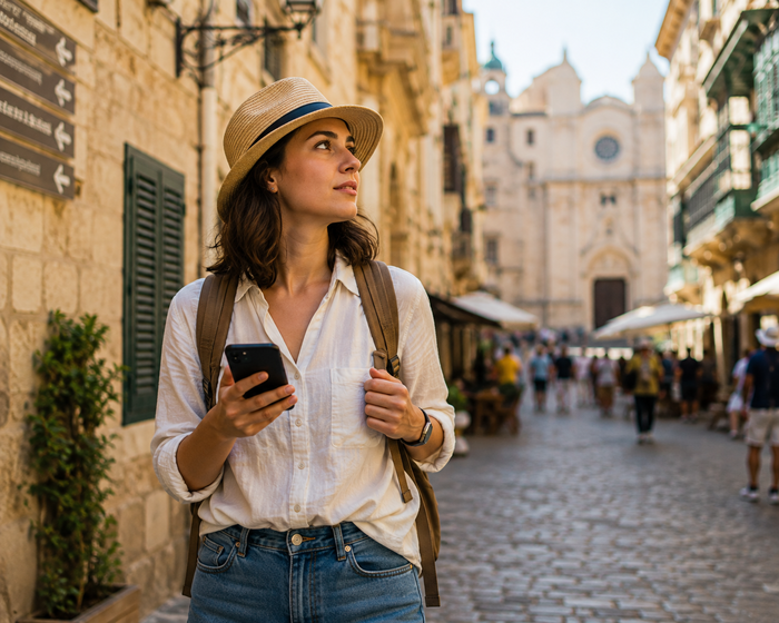 Solo traveler exploring an unfamiliar European city, checking his smartphone while staying aware of his surroundings, with a backpack, camera, directional signs, historic buildings, and other tourists in the background