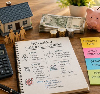 Indian household financial planning setup with Indian rupee notes, coins, a calculator, piggy bank, model home, family figures, and a notebook outlining income, expenses, savings, investments, and financial goals