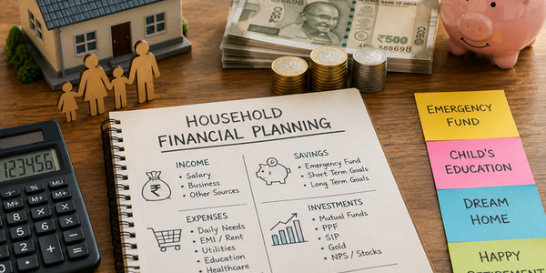 Indian household financial planning setup with Indian rupee notes, coins, a calculator, piggy bank, model home, family figures, and a notebook outlining income, expenses, savings, investments, and financial goals