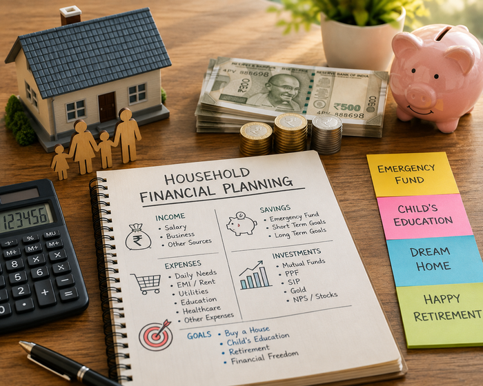 Indian household financial planning setup with Indian rupee notes, coins, a calculator, piggy bank, model home, family figures, and a notebook outlining income, expenses, savings, investments, and financial goals