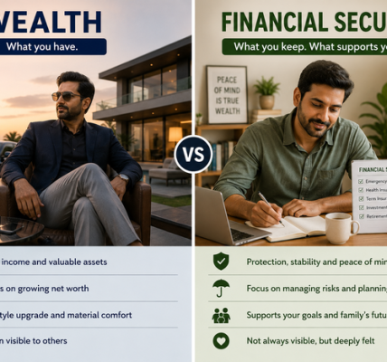 comparison showing visible wealth through luxury assets on one side and financial security through savings, insurance, investments, retirement planning, and peace of mind on the other