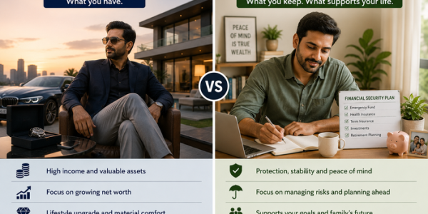 comparison showing visible wealth through luxury assets on one side and financial security through savings, insurance, investments, retirement planning, and peace of mind on the other