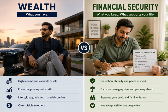 comparison showing visible wealth through luxury assets on one side and financial security through savings, insurance, investments, retirement planning, and peace of mind on the other