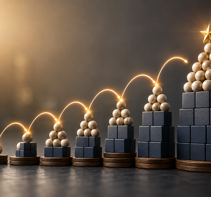 Conceptual financial visual showing compounding through a sequence of increasingly larger stacked structures, with each stage building on the previous one and glowing connections emphasizing cumulative growth over time