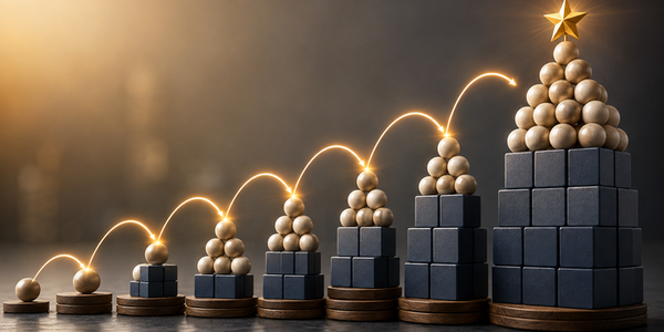 Conceptual financial visual showing compounding through a sequence of increasingly larger stacked structures, with each stage building on the previous one and glowing connections emphasizing cumulative growth over time