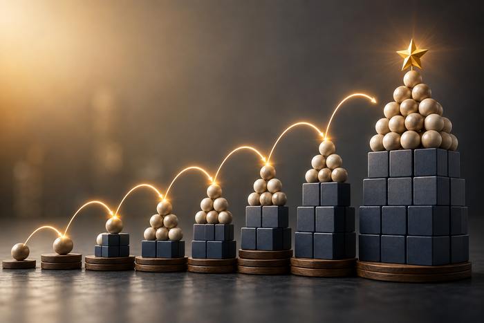 Conceptual financial visual showing compounding through a sequence of increasingly larger stacked structures, with each stage building on the previous one and glowing connections emphasizing cumulative growth over time
