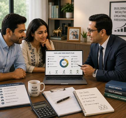 Indian couple meeting with a financial planner to discuss long-term wealth creation, reviewing financial goals, investments, insurance, tax planning, retirement planning, and family financial security.