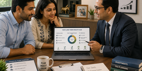 Indian couple meeting with a financial planner to discuss long-term wealth creation, reviewing financial goals, investments, insurance, tax planning, retirement planning, and family financial security.