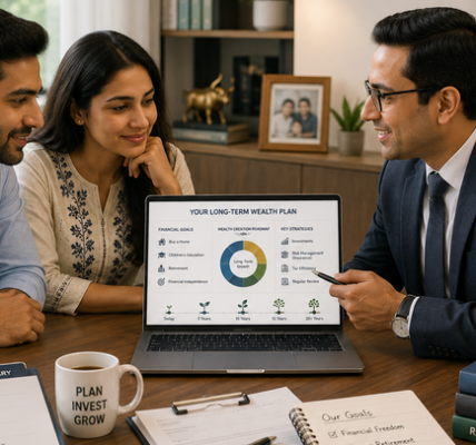 Indian couple meeting with a financial planner to discuss long-term wealth creation, reviewing financial goals, investments, insurance, tax planning, retirement planning, and family financial security.